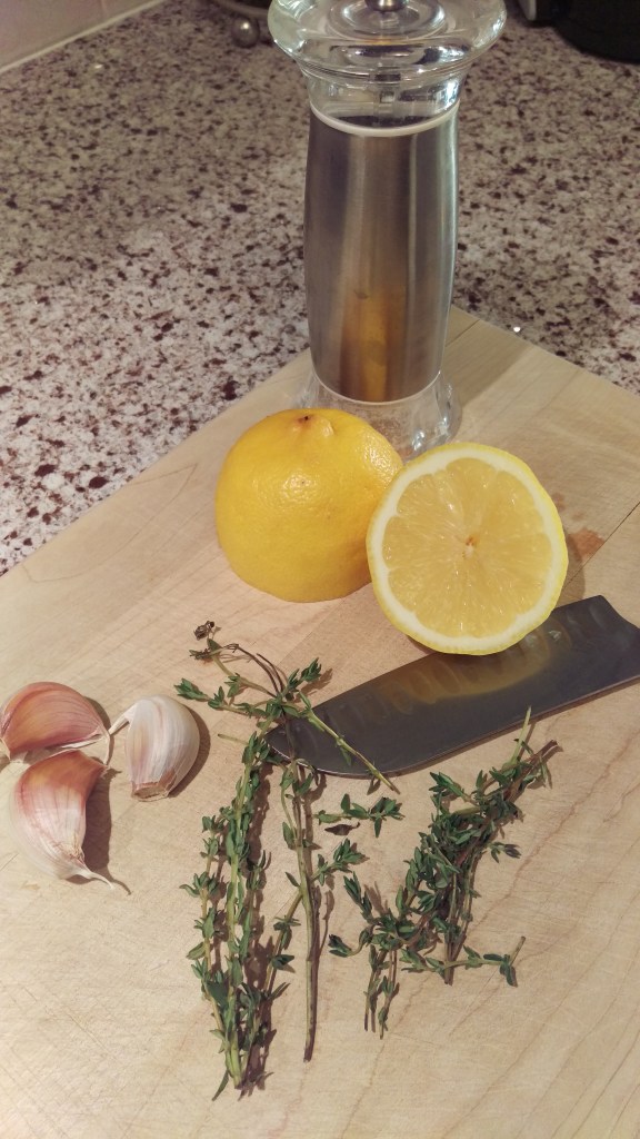 I marinated the chicken in garlic, thyme, lemon juice, olive oil and salt.